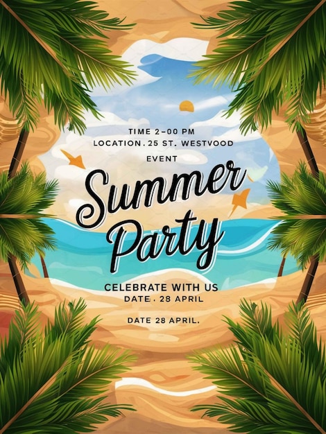 a poster for summer party with palm trees on the beach