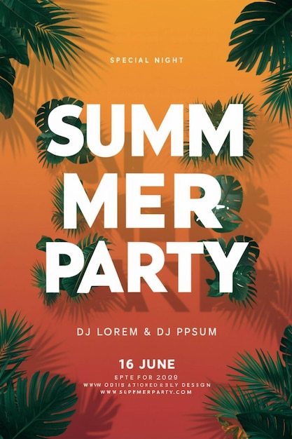 Photo poster for summer party with palm trees and a colorful background