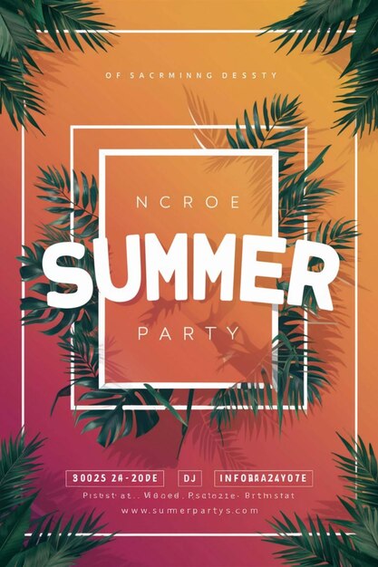 a poster for a summer party with palm trees and a red background