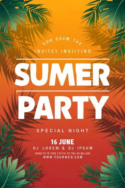 a poster for summer party with palm trees and a red background