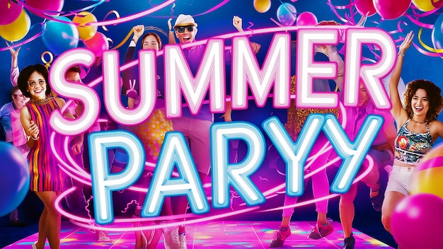 Foto un poster per una festa estiva con persone che giocano sullo sfondo