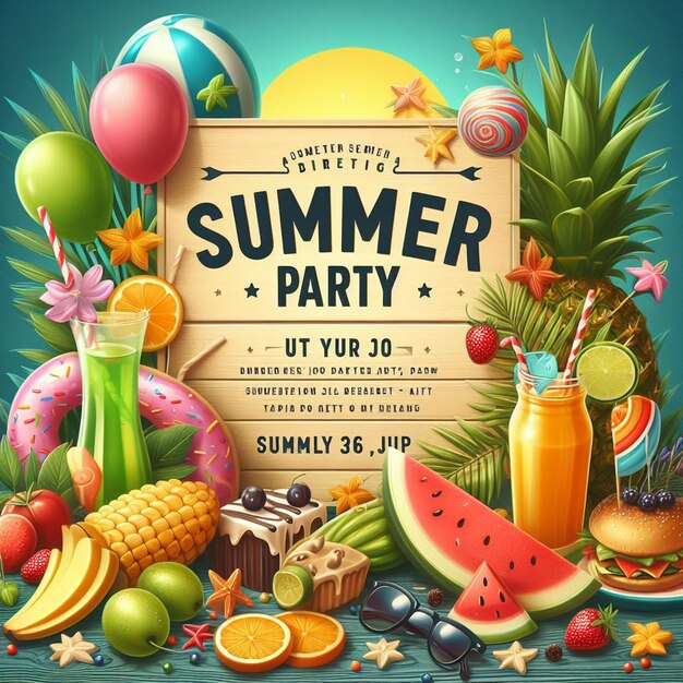 a poster for summer party with a sign that says summer party on it