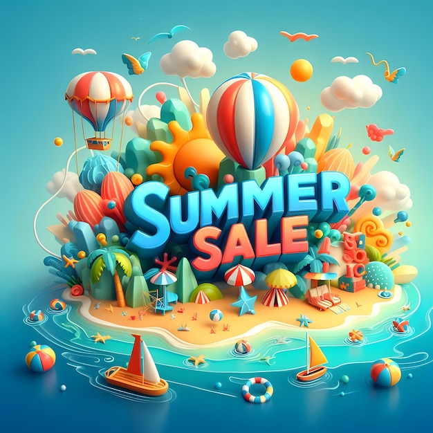 a poster for summer sale with a beach scene and a beach scene