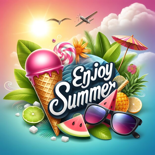 a poster for summer summer with a picture of ice cream and sunglasses