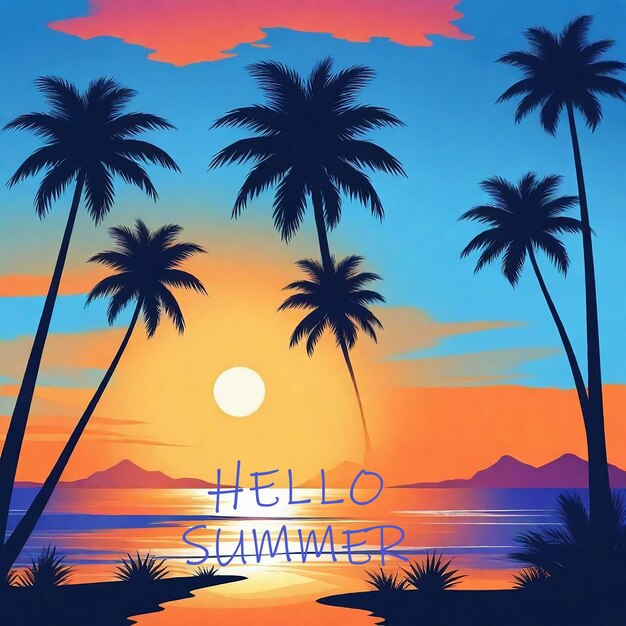 a poster for the summer sun with palm trees in the background