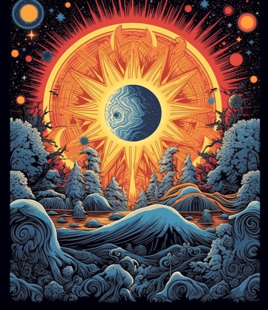 배경에 나무가 있는 태양과 산의 포스터