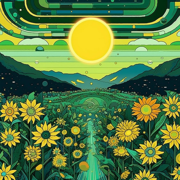 a poster for a sunflower field with a sunflower and a mountain in the background.