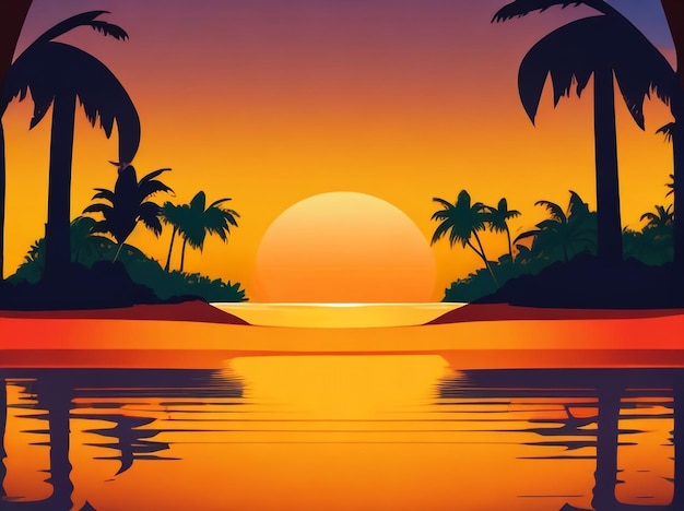 a poster for the sunset with palm trees and the sun in the background.
