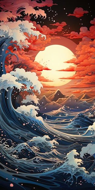 a poster for a sunset with a wave and the word dragon.