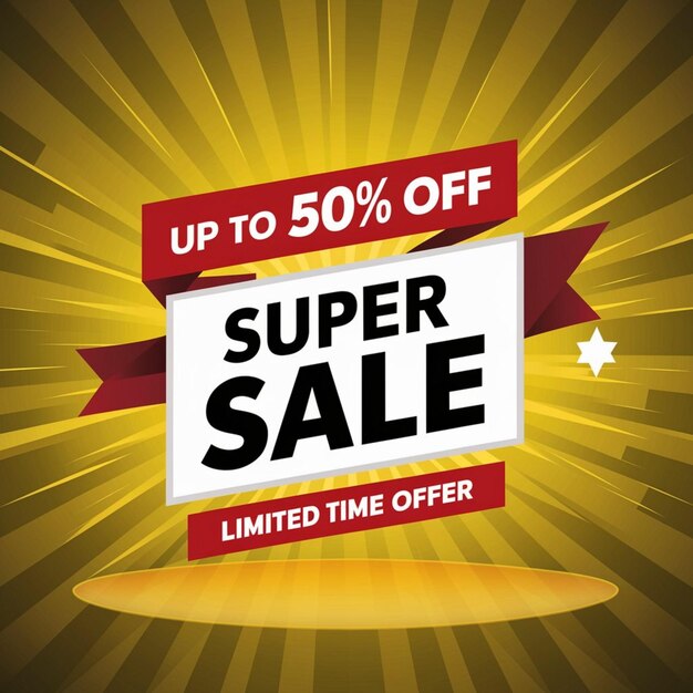 a poster for super sale with a red ribbon around the top