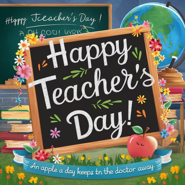плакат на День учителя с табличкой с надписью "Счастливого Дня учителя"
