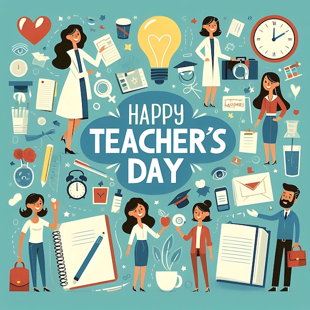 a poster of teacher day with a group of teachers and teachers