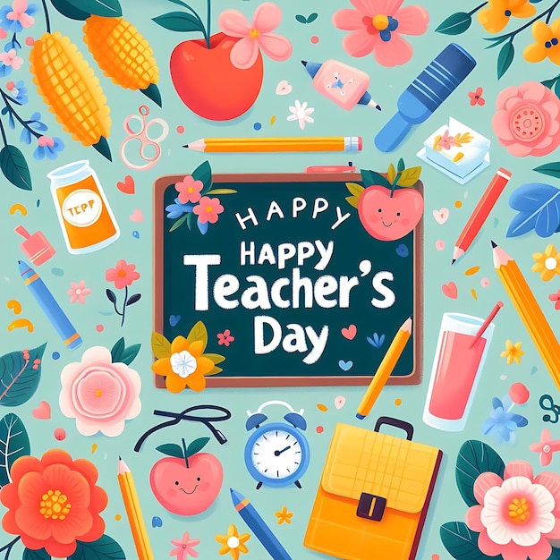 a poster of teachers day is surrounded by flowers and a chalkboard