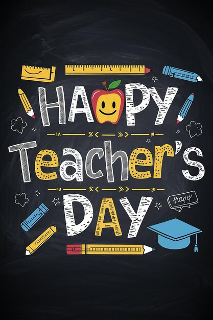 a poster for teachers day with a chalkboard that says happy teachers day