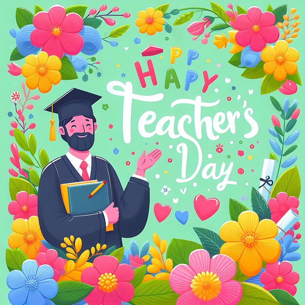 Photo a poster of a teachers day with flowers and a book titled happy teachers