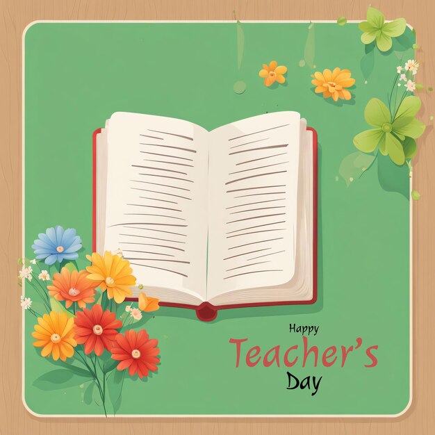 緑の背景に花と蝶が描かれた教師の日ポスター
