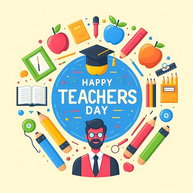 Photo a poster of teachers day written in a circle with a blue background with a man wearing glasses and a cap