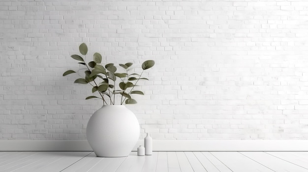 Poster template mock up with white vases and leaves on white brick wall background Generative Ai