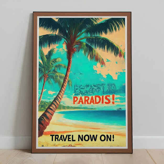 Photo poster template with palm tree travel concept