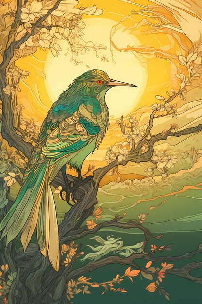 шаблоны плакатов с птицей на ветке в стиле иллюстрации