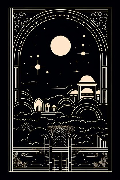 a poster for a temple with a moon and clouds in the background