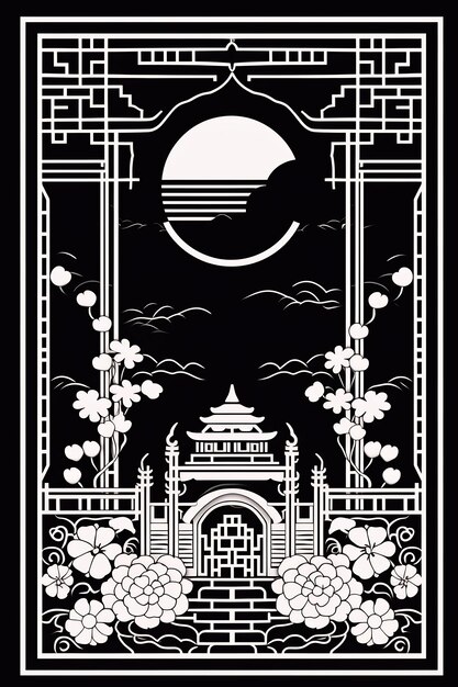 a poster for a temple with a moon and clouds in the background