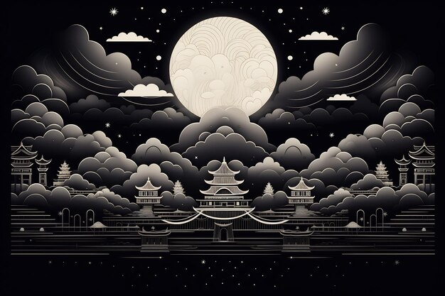 a poster for a temple with a moon and clouds in the background