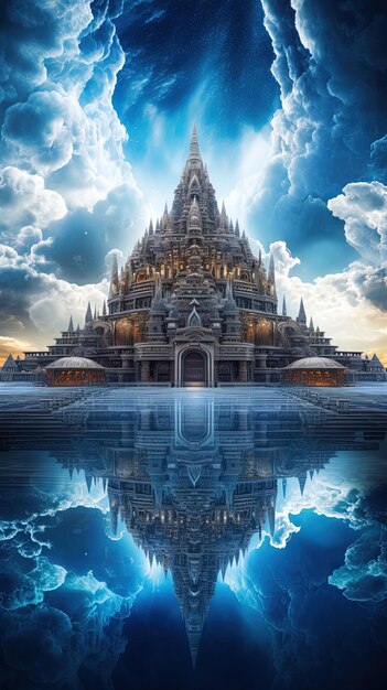 a poster for a temple with a reflection of a temple in the water