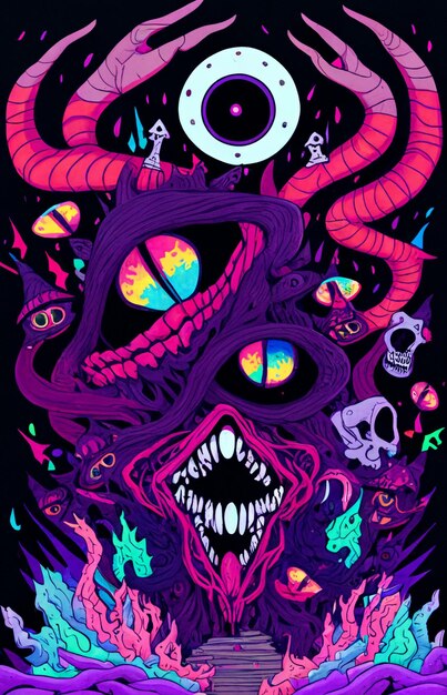 A poster that has a purple monster with a skull on it