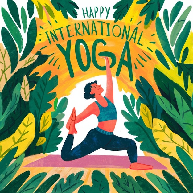 a poster that says  international yoga  is on a yellow background