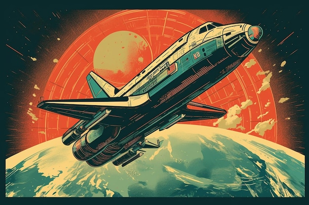 スペースシャトルが地球上を飛行していると書かれたポスター。