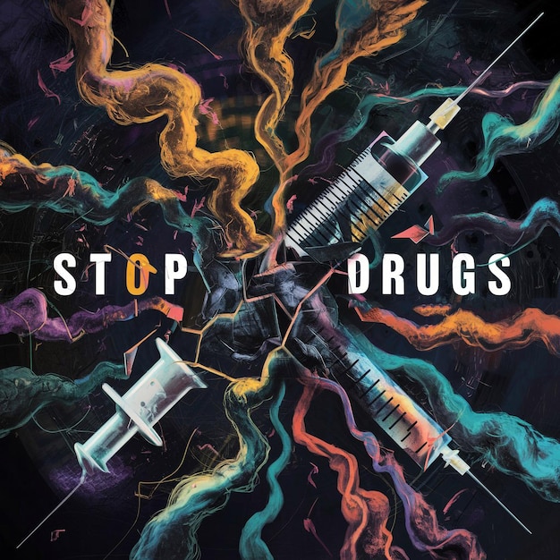 плакат с надписью "Остановите наркотики" и словами "Остановьте наркотики"