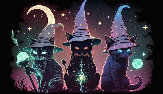 A poster of three cats with the moon on the top.