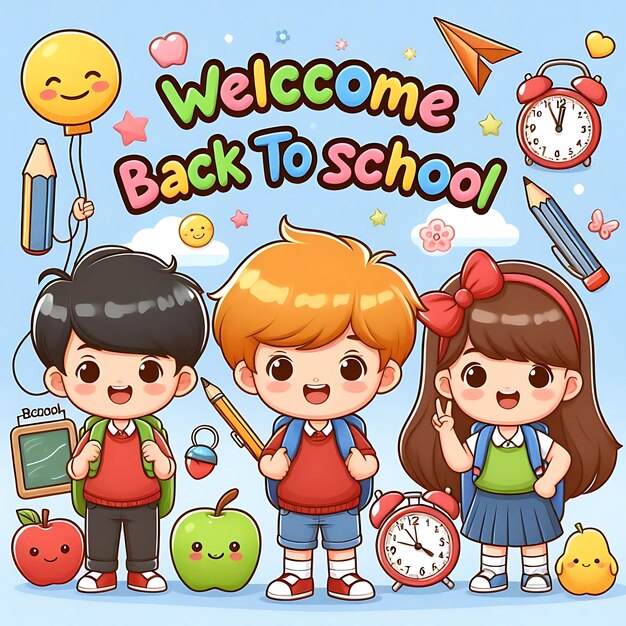 Photo a poster of three children with a picture of a school with the words welcome back to school