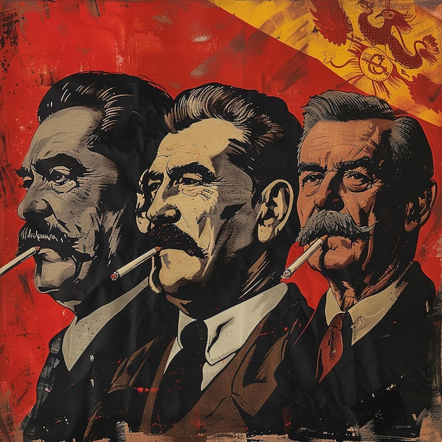 a poster of three men smoking a cigarette