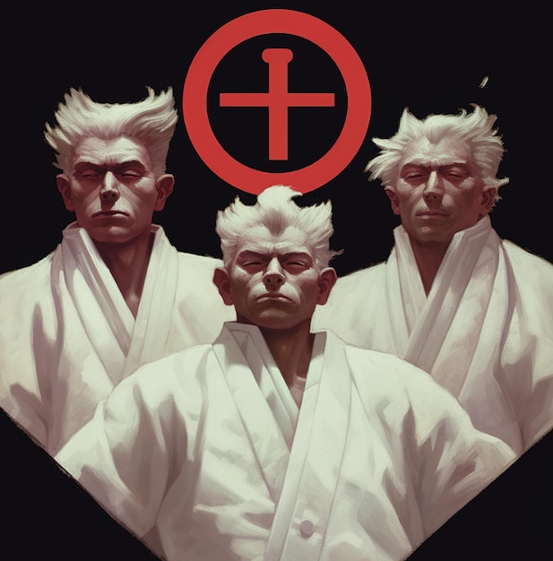 Photo a poster for three men in white robes with a red circle with a cross on it.