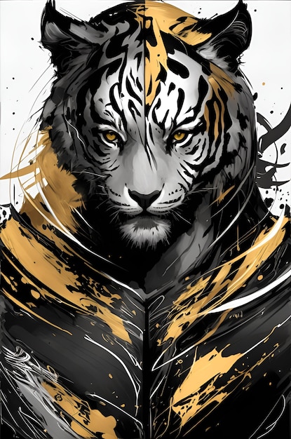 A poster for a tiger with gold eyes and a black and gold coat.