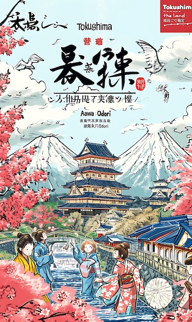 Poster of Tokushima Text and Slogan the Land of Awa Odori With a Lands Illustration Layout Design