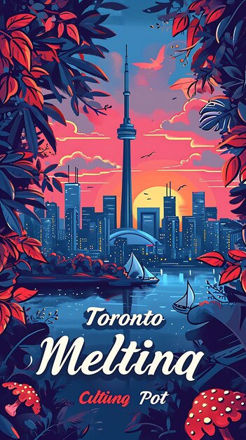 Poster of toronto text and slogan cultural melting pot with a view of illustration layout design