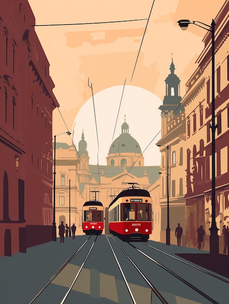плакат для трамвая с красным трамваем на улице.