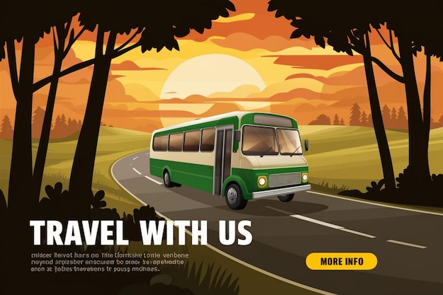 a poster for travel with a bus on the road