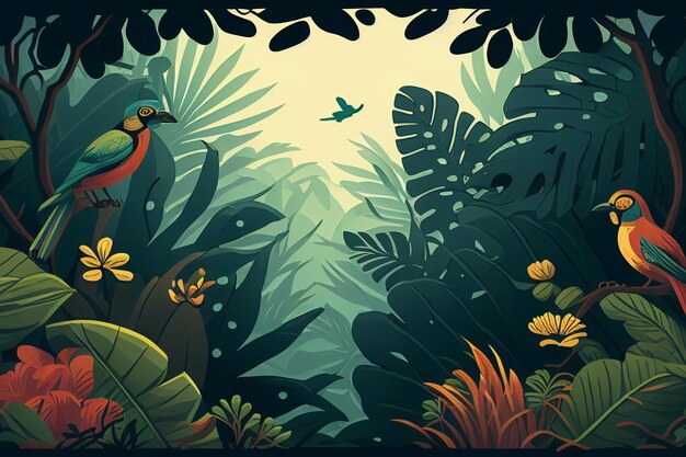 새와 식물이 있는 열대 숲의 포스터입니다.