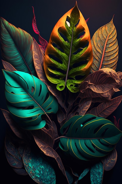 青い背景に熱帯の葉と「ヤシ」という文字が描かれた緑の葉のポスター。