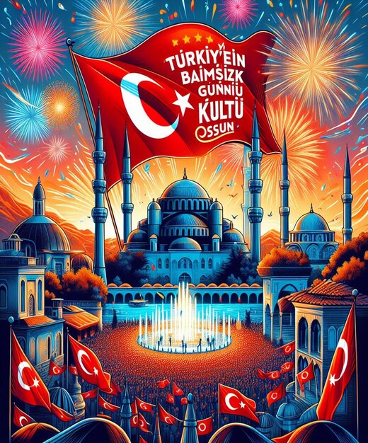 Photo a poster for turkeys with a flag and a mosque in the background