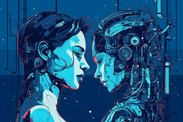 A poster of two robots facing each other with the words'robot'on the bottom right.