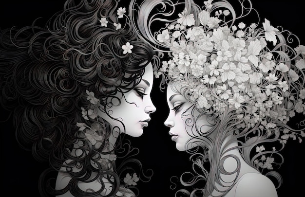 a poster of two women and a woman with flowers in the hair.