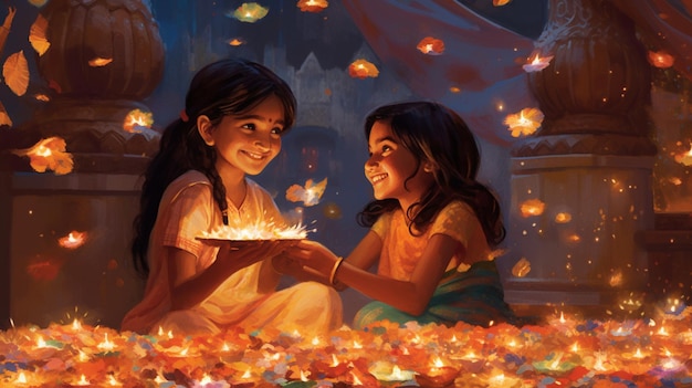 Плакат двух молодых девушек, держащих свечи перед красочным фоном.