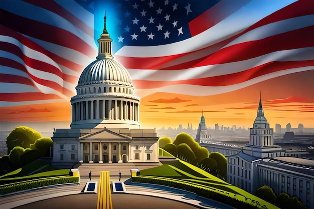 A poster of the united states capitol building with a flag in the background.