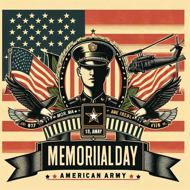 a poster for us memorial day in usa with american flags and a flag