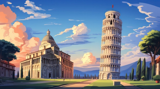 Poster van de toren van Pisa in de avonddag met uitzicht op de blauwe hemel